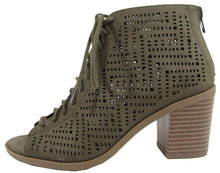 Soda Women's Laser Cut Peep Toe Lace Up Chunky Heel Bootie