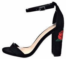 Wild Diva Morris-01B FAUX SUEDE EMBROIDERED ANKLE STRAP BLOCK HEELS SANDAL Black