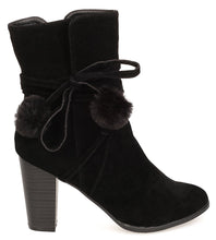 Breckelle's Women's Wrap Around Pom Pom Chunky Stacked Heel Ankle Bootie