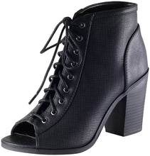 Soda Women's Joanna Stacked Chunky Heel Lace Up Front Peep Toe Bootie