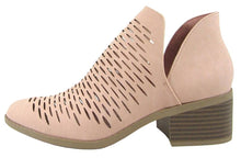City Classified Women's Tiny Dash Perforations Western V Cutout Side Low Stacked Heel Ankle Bootie