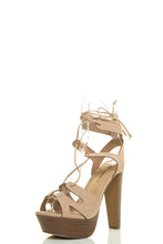 Breckelles Womens Peep Toe Leg Wrap Lace Up Thick High Heel Pump Sandal Shoes