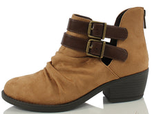 Soda Women's Verity Ruched Cut Out Side Double Buckle Side Stacked Heel Ankle Bootie