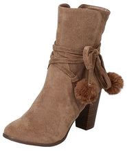 Breckelle's Women's Wrap Around Pom Pom Chunky Stacked Heel Ankle Bootie