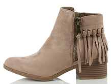 City Classified Women's Bean Faux Suede Fringe Stacked Heel Ankle Bootie, Cognac, 7 M US