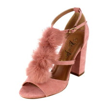 Nature Breeze Women's Strappy Open Toe Pom Pom Chunky Stacked Block Heel Sandal