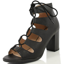 Delicious Women's Yohan Open Toe Lace Up Stacked Heel