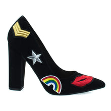 Embroidered Retro Graphic Lips, Rainbow, Star Patch Block Heel Dress Pump