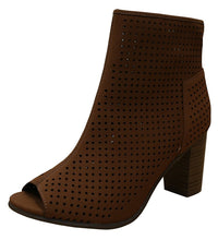 Breckelle's Women's Perforated Stacked Chunky Heel Peep Toe Bootie