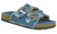 Refresh Footwear Women's Frayed Denim Double Buckle Slip On Slide Sandal