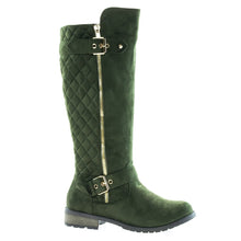 Calf High Biker Boots, Quilted Panel, Stack Heel & Threaded Lug Sole