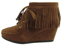 City Classified Women's Faux Suede Moccasin Fringe Lace Up Wedge
