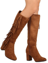Refresh Footwear Women's Fringe Almond Toe Side Zip Chunky Heel Knee High Boot