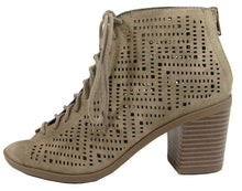 Soda Women's Laser Cut Peep Toe Lace Up Chunky Heel Bootie