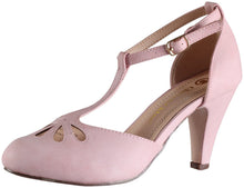 Chase & Chloe Kimmy-36 Women's Teardrop Cut Out T-Strap Mid Heel Dress Pumps
