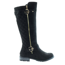 Calf High Biker Boots, Quilted Panel, Stack Heel & Threaded Lug Sole