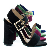 Round Cylinder Block High Heel w Thick Ankle Strap & Metallic Velvet