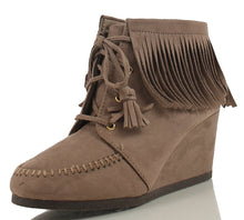 City Classified Women's Faux Suede Moccasin Fringe Lace Up Wedge