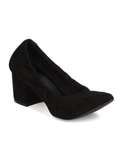 Wild Diva GA63 Women Faux Suede Pointy Toe Elastic Trim Chunky Heel Pump