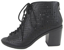 Soda Women's Laser Cut Peep Toe Lace Up Chunky Heel Bootie