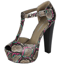 Breckelle's Women's T-Strap Snake Print Platform Peep Toe Heeled Sandal
