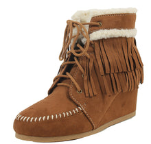City Classified Women's Faux Suede Faux Fur Moccasin Fringe Lace Up Wedge