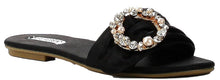 Cape Robbin Sadie-3 Satin Rhinestone Brooch Open Toe Slide Slip On Flip Flop Flat Sandal Black