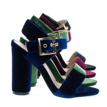 Round Cylinder Block High Heel w Thick Ankle Strap & Metallic Velvet