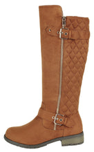 Calf High Biker Boots, Quilted Panel, Stack Heel & Threaded Lug Sole