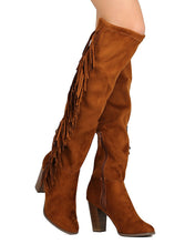 Breckelles GB03 Women Faux Suede Over The Knee Falling Fringe Chunky Heel Boot