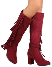 Refresh Footwear Women's Fringe Almond Toe Side Zip Chunky Heel Knee High Boot