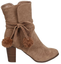 Breckelle's Women's Wrap Around Pom Pom Chunky Stacked Heel Ankle Bootie