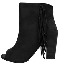 Breckelle's Women's Tassel Fringe Peep Toe Stacked Chunky Heel Bootie
