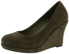 Top Moda Shoes Women's Odell-88 Round Toe Slip On Faux Suede Nubuck Mid Heel Wedge Pumps