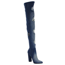 X2B FG50 Women's Over The Knee Ripped Distressed Chunky Block Heel Denim Boots
