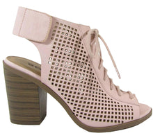 Soda Women's Perforated Lace Up Peep Toe Stacked Chunky Heel Bootie