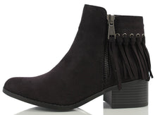 City Classified Women's Bean Faux Suede Fringe Stacked Heel Ankle Bootie, Cognac, 7 M US