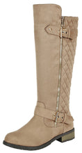Calf High Biker Boots, Quilted Panel, Stack Heel & Threaded Lug Sole