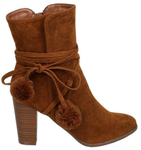 Breckelle's Women's Wrap Around Pom Pom Chunky Stacked Heel Ankle Bootie