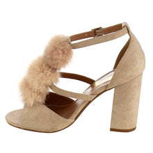 Nature Breeze Women's Strappy Open Toe Pom Pom Chunky Stacked Block Heel Sandal