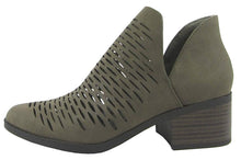 City Classified Women's Tiny Dash Perforations Western V Cutout Side Low Stacked Heel Ankle Bootie