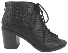 Soda Women's Laser Cut Peep Toe Lace Up Chunky Heel Bootie