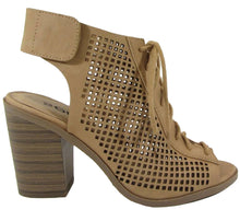 Soda Women's Perforated Lace Up Peep Toe Stacked Chunky Heel Bootie