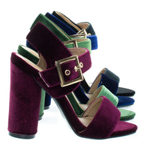 Round Cylinder Block High Heel w Thick Ankle Strap & Metallic Velvet