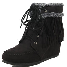 City Classified Women's Faux Suede Faux Fur Moccasin Fringe Lace Up Wedge