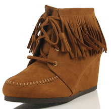 City Classified Women's Faux Suede Moccasin Fringe Lace Up Wedge