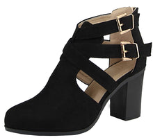 Bella Marie Women's Strappy Buckle Cutout Stacked Chunky Heel Bootie