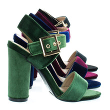 Round Cylinder Block High Heel w Thick Ankle Strap & Metallic Velvet