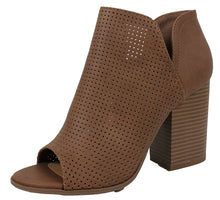 Soda Women's Open Toe Perforated Stacked Block Heel Ankle Bootie