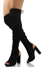 Delicious Women's Faux Suede Stretchy Open Toe Open Back Over The Knee Block Chunky Heel Boot